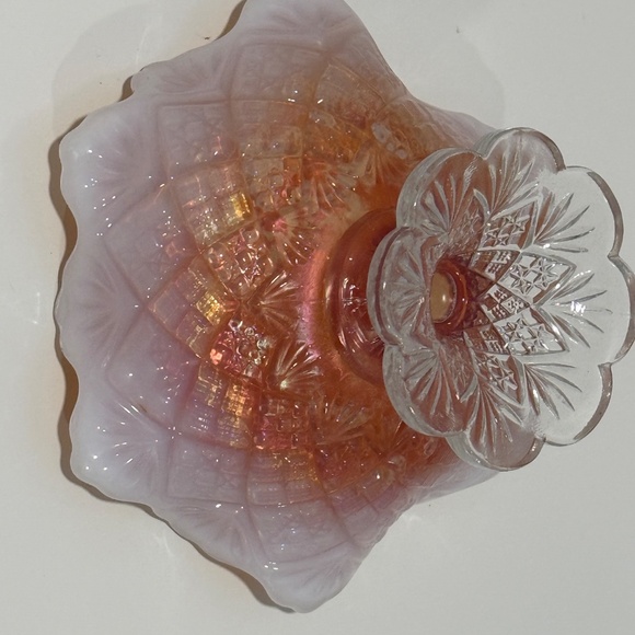 Westmoreland Glass File and Fan Peach Opalescent Pedestal Dish Carnival Glass - Picture 4 of 5